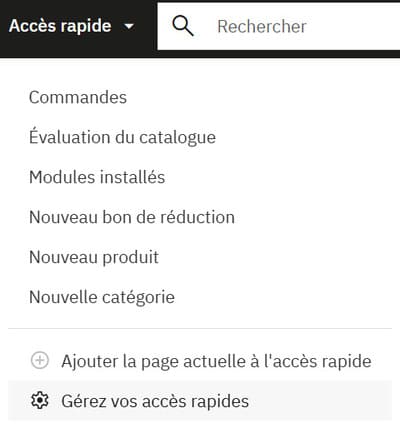 PrestaShop 9 - Accès rapide du back office