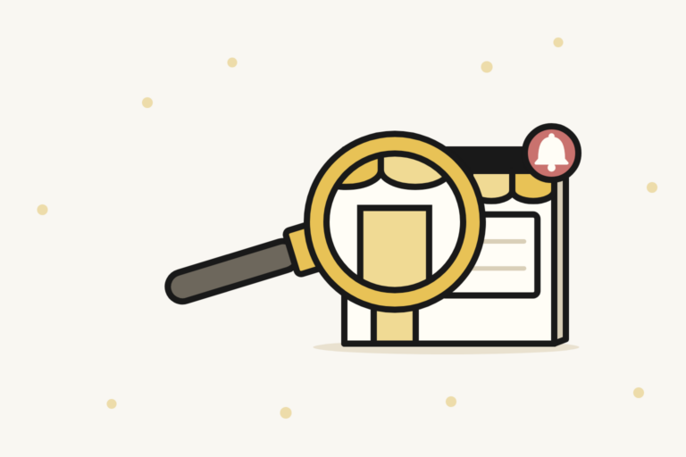 Alerte de sécurité PrestaShop : une loupe examine la boutique, une cloche d'alerte sur son enseigne