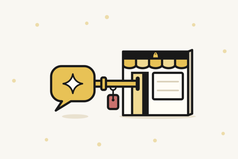 Ask AI PrestaShop : une clé en forme de bulle d'assistant IA ouvre la porte de la boutique
