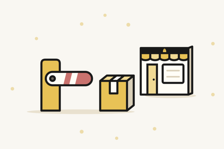 Aucun transporteur PrestaShop : une barrière rouge et blanche fermée empêche le colis, prêt devant la boutique, de partir en livraison