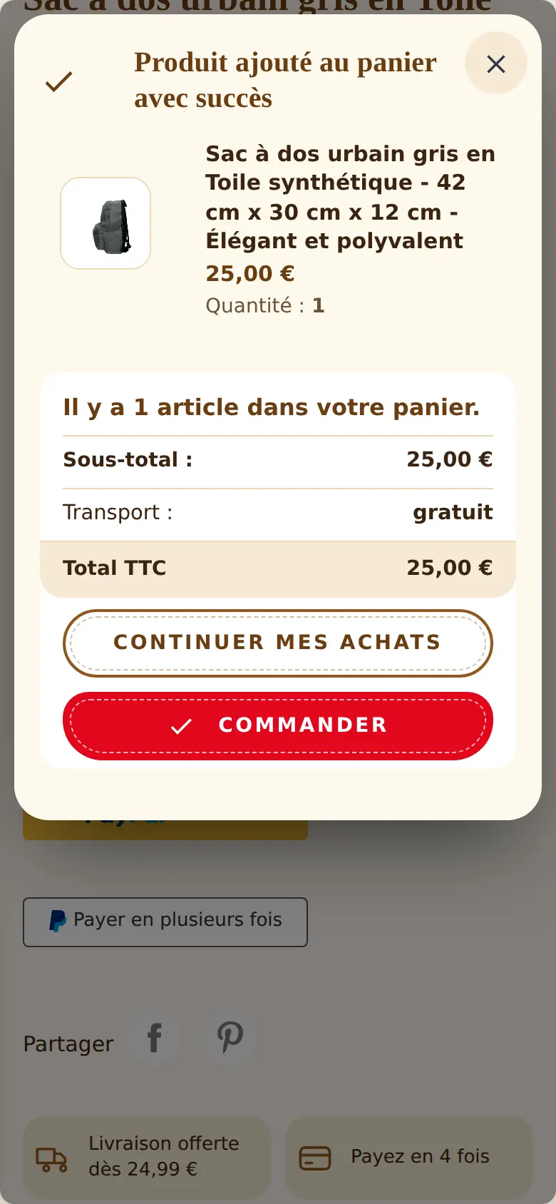 Ajout au panier sur téléphone, après la refonte