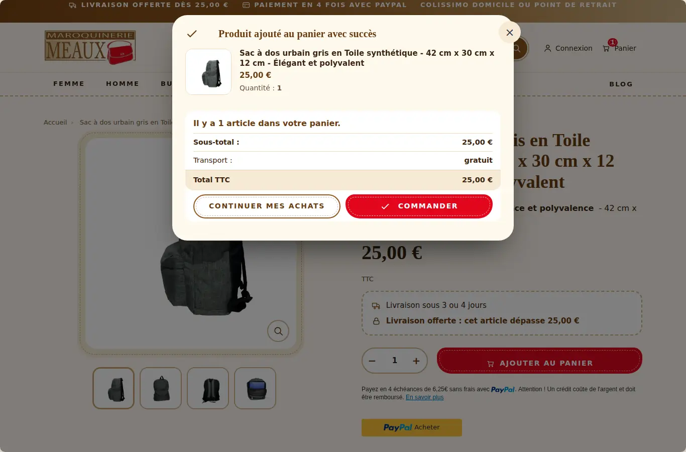 Ajout au panier sur ordinateur, après la refonte