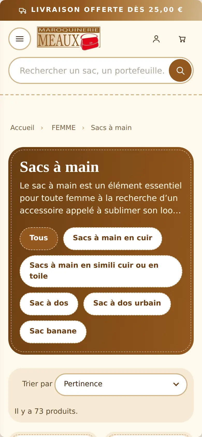 Rayon « Sacs à main » sur téléphone, après la refonte