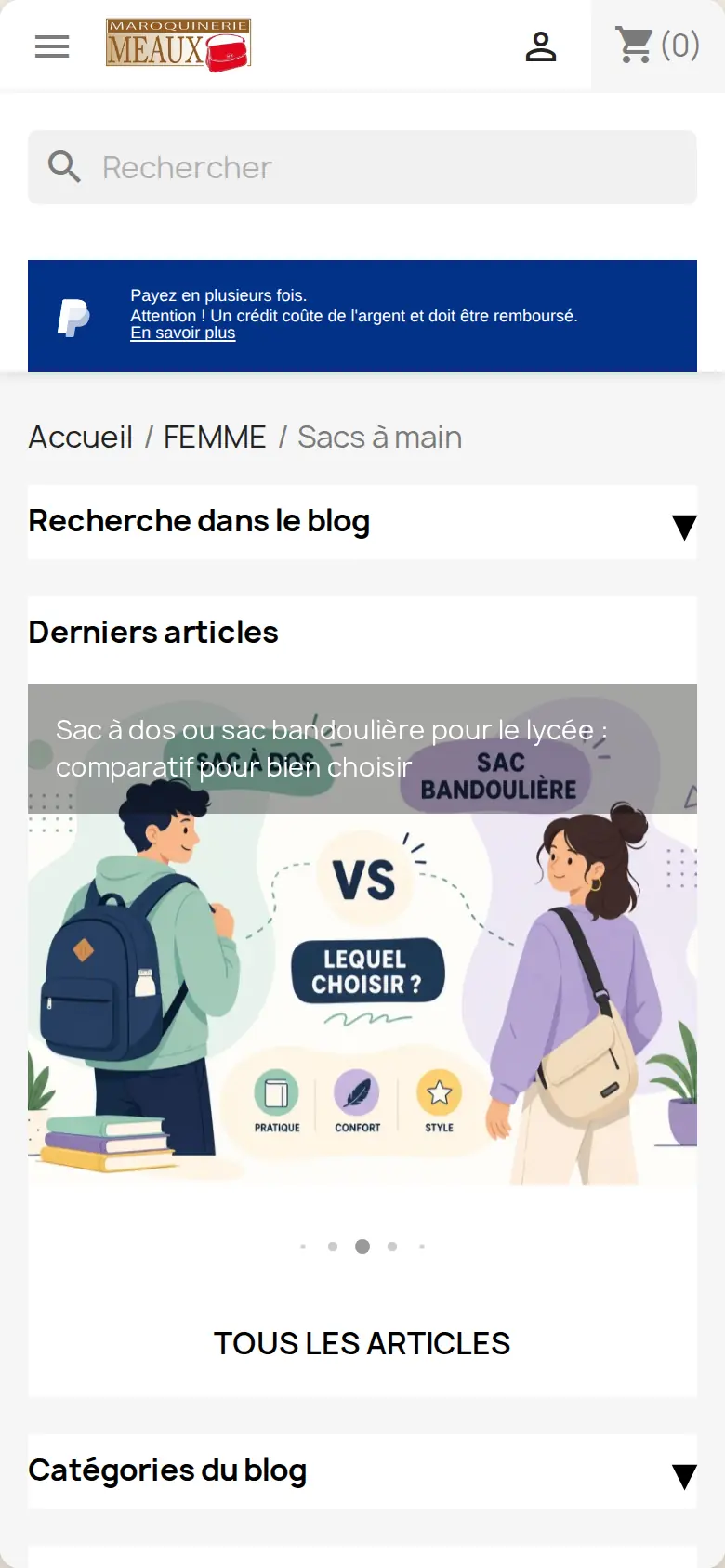 Rayon « Sacs à main » sur téléphone, avant la refonte