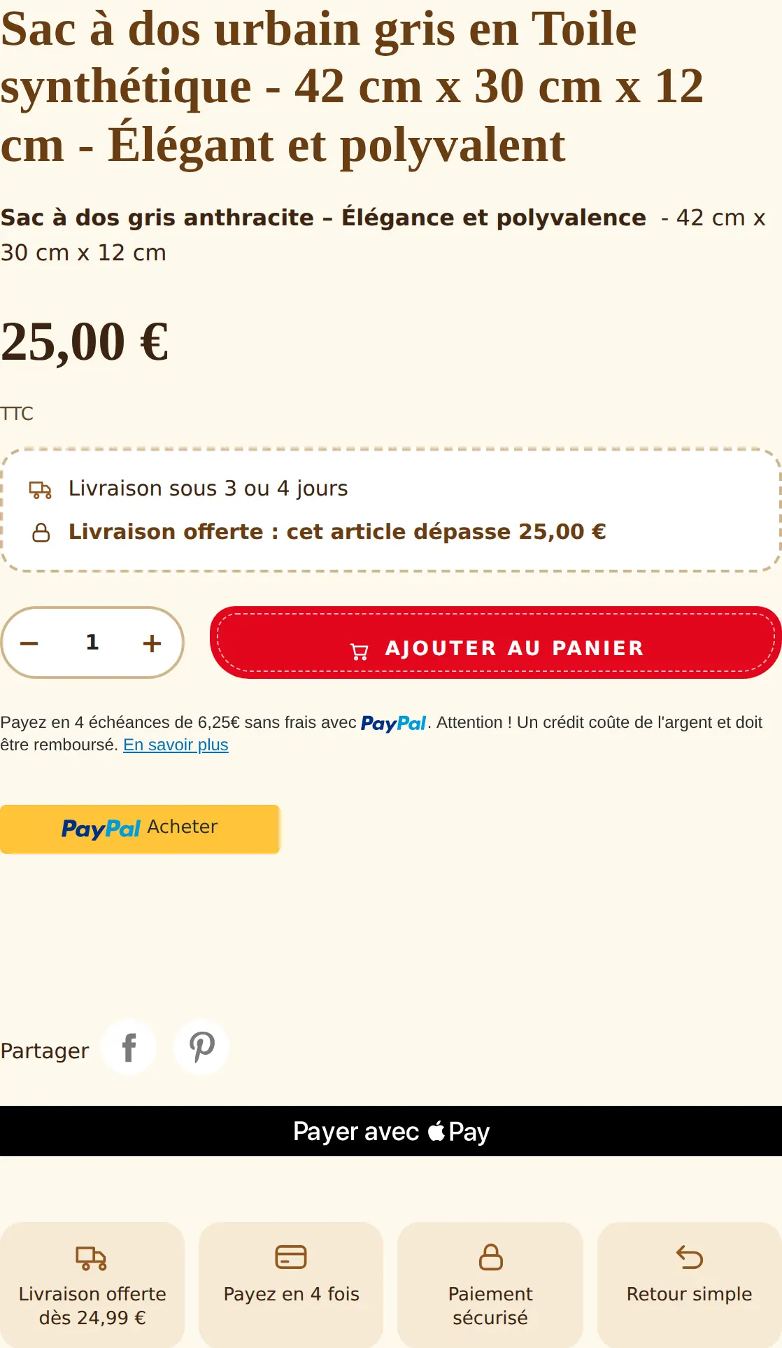 Bloc d'achat : Prix, livraison, quantité et ajout au panier au même endroit.