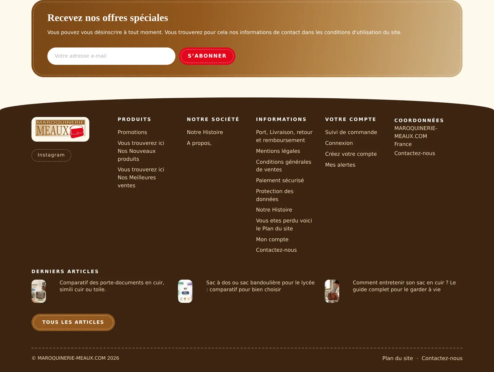 Pied de page : Les liens utiles et les moyens de paiement, sur fond bronze.