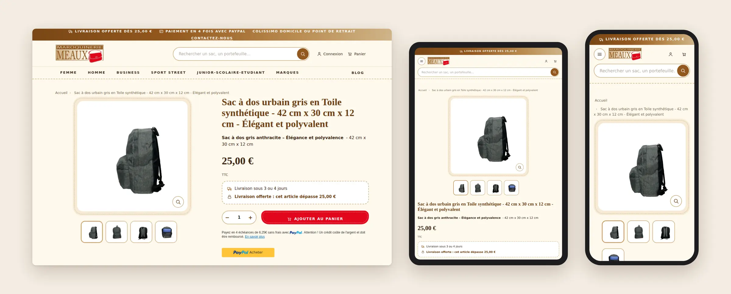 Fiche produit sur ordinateur, tablette et téléphone