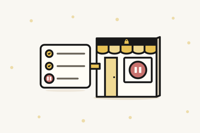 Vitrine en ligne mise en pause et liste de statut, illustration d'une panne Shopify