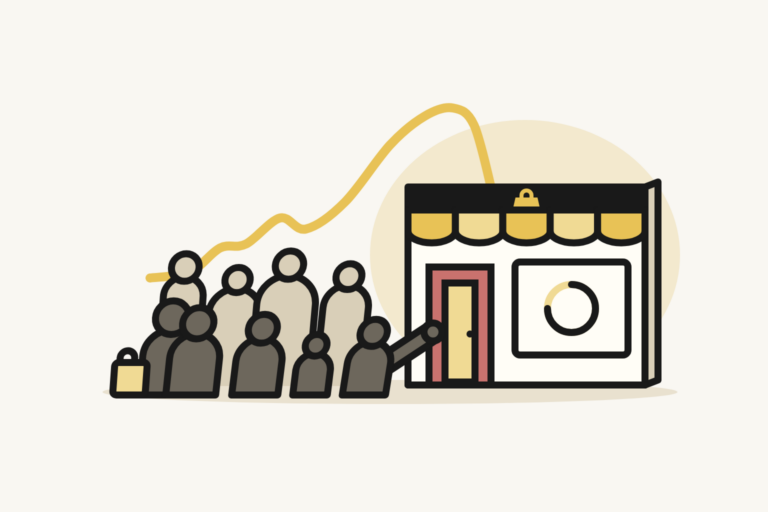 Pic de trafic PrestaShop : une foule se presse à la porte étroite d’une boutique en ligne dont la page charge encore