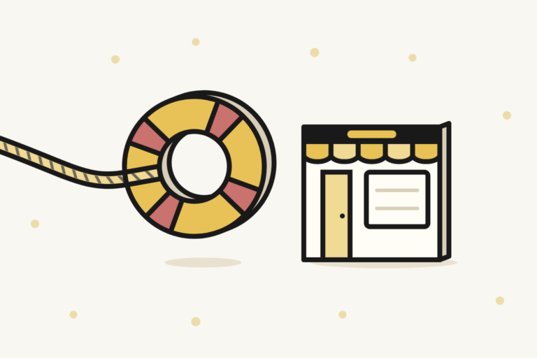Support PrestaShop : une bouée de sauvetage rouge et or lancée vers une boutique en ligne, sa corde tenue hors du cadre